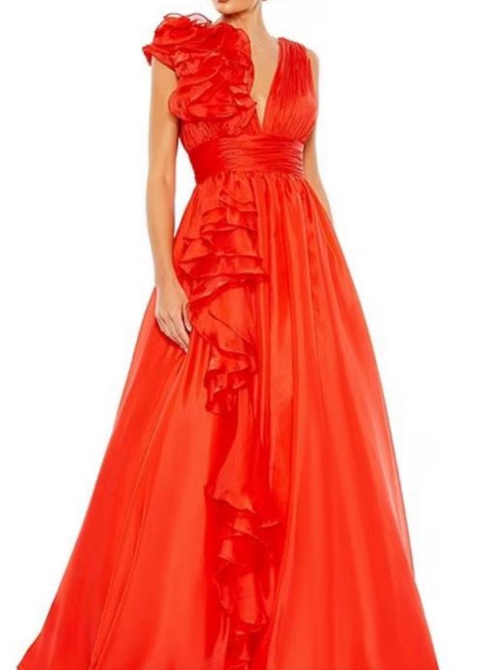 Mac Duggal One-Shoulder Red Ruffled Evening Gown